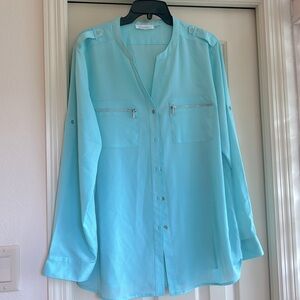 Tiffany Blue Calvin Klein Blouse XL Roll tab long sleeve